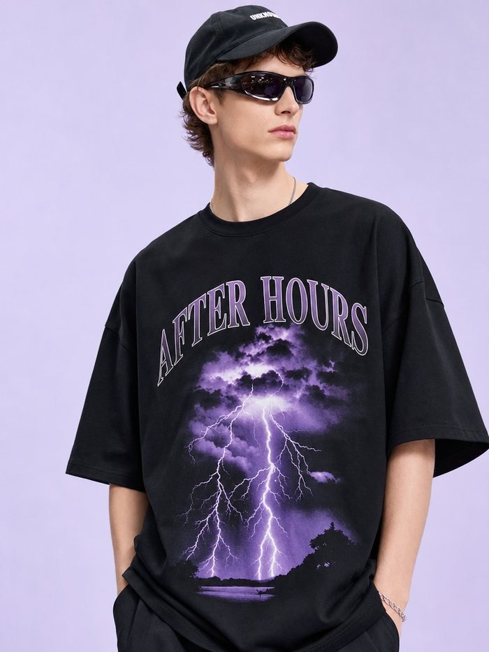 After Hours Tee, black with violet lightning print