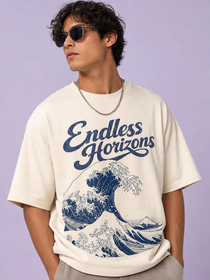 Endless Horizons Tee, cream with blue wave print