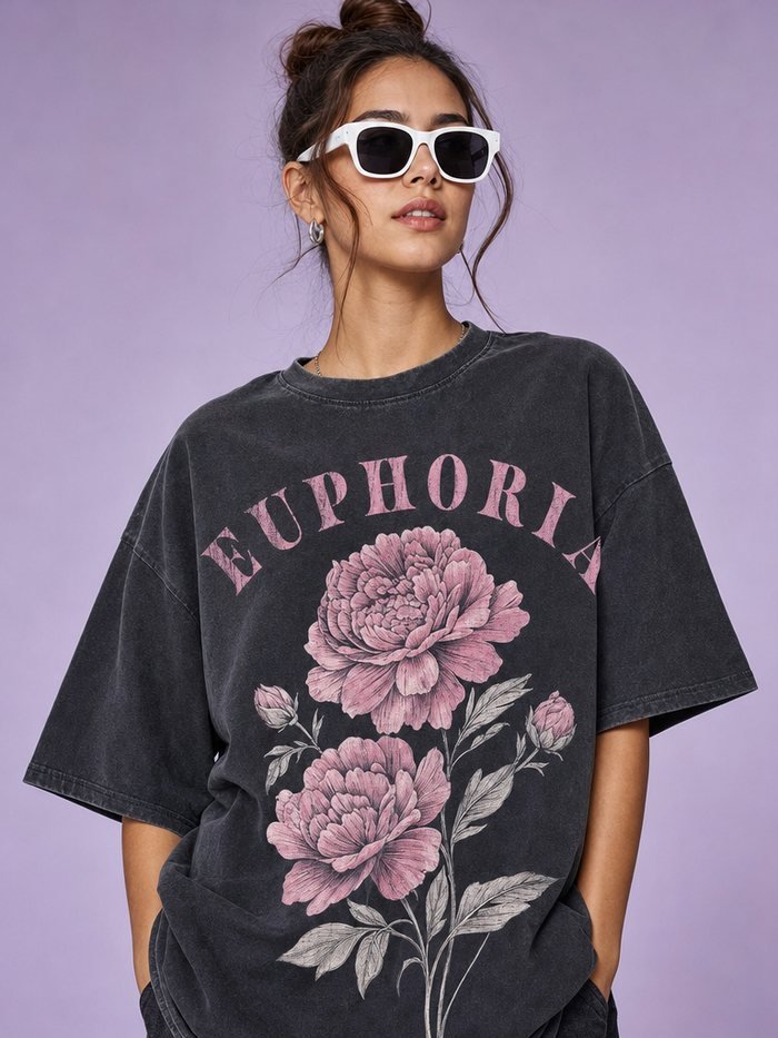Euphoria Tee, washed charcoal with pink floral print